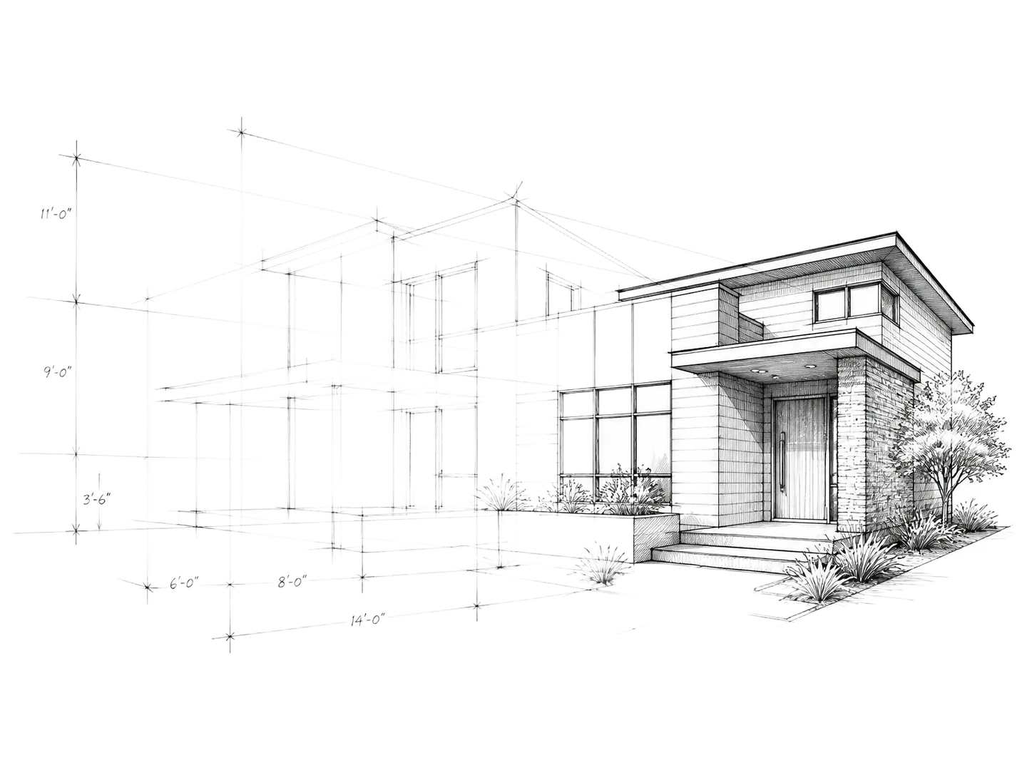 Architektur-Zeichnung: Entstehung eines modernen Wohnhauses – von ersten Entwurfslinien zur fertigen Fassade.