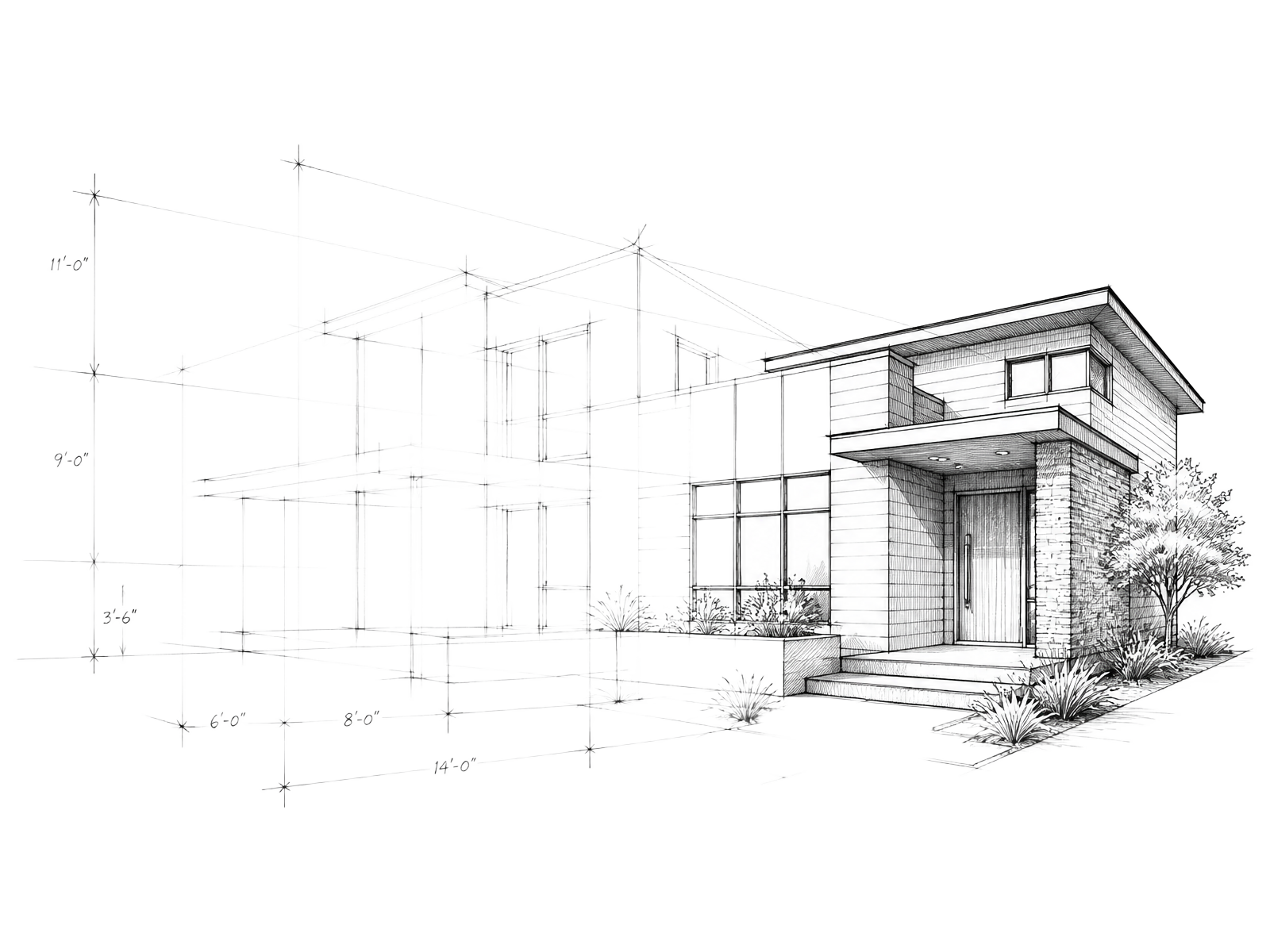 Architektur-Zeichnung: Entstehung eines modernen Wohnhauses – von ersten Entwurfslinien zur fertigen Fassade.
